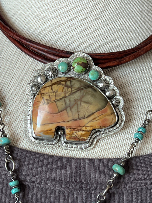 Tularosa Sterling Silver and Leather Red Creek Jasper Bear Necklace with Turquoise