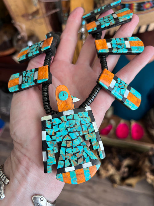 Handcrafted Inlay Turquoise and Apple Coral Thunderbird Tab Necklace & Earrings Set by Warren Nieto