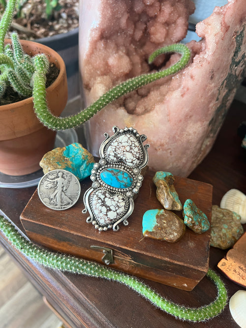 Apache Sterling Silver, Wild Horse Heart and Egyptian Turquoise Statement Ring by Rosella Paxson, Size 6.5