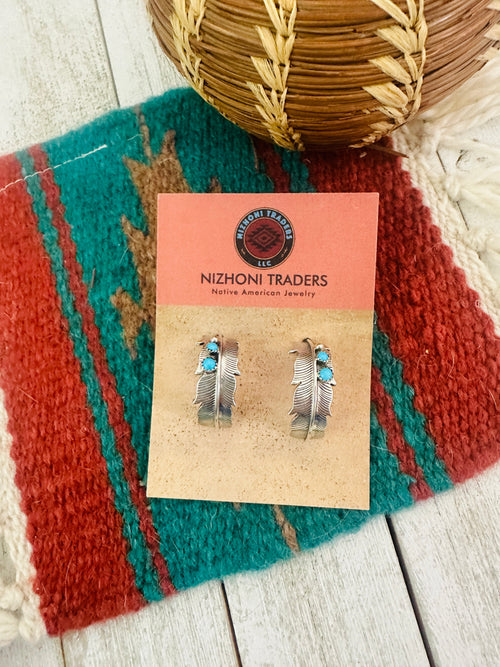 Navajo Turquoise & Sterling Silver Hoop Feather Earrings