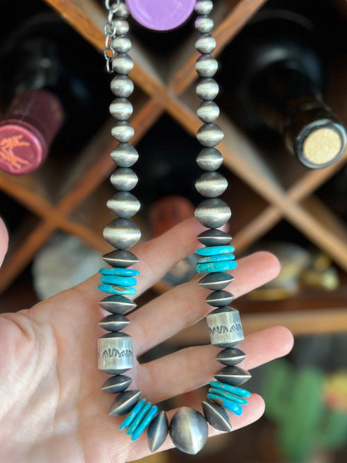 Navajo Sterling Silver and Kingman Turquoise Handmade Beaded Necklace by Rose Martin, 18 Inches