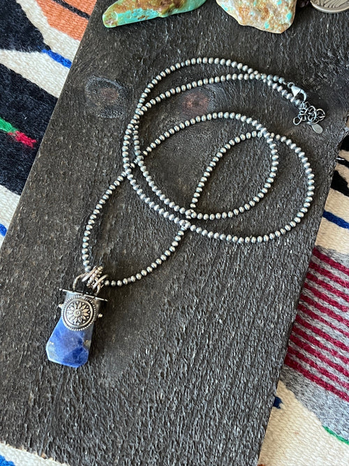 Sterling Silver Gem Collector 30” + 2” Beaded Necklace w/ Sodalite & Sunburst Pendant 2