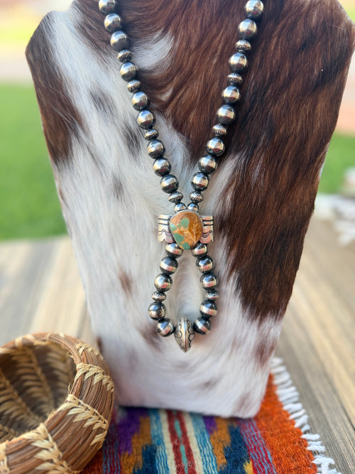 Handcrafted Turquoise & Sterling Silver Beaded Double Sided Jacla Necklace