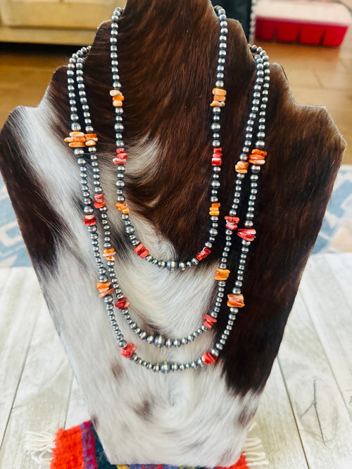 Navajo Sterling Silver & Spiny Oyster Beaded Necklace