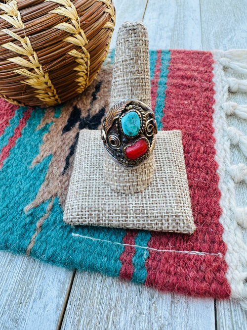 Old Pawn Handcrafted Turquoise, Coral & 14K Gold Overlay Sterling Silver Ring Size 10