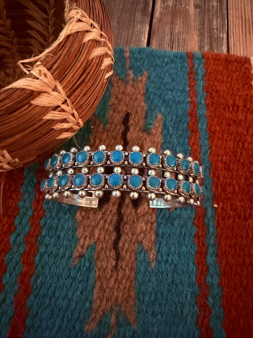 Handcrafted Old Pawn Sterling Silver & Turquoise Petit Point Cuff Bracelet