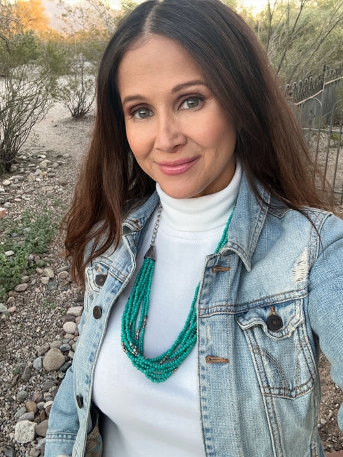 Vintage 8 Strand Blue Beaded Necklace With Saguaro Pendant