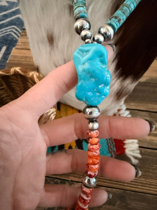 Handcrafted Spiny Oyster, Turquoise & Sterling Silver Beaded Lariat Necklace