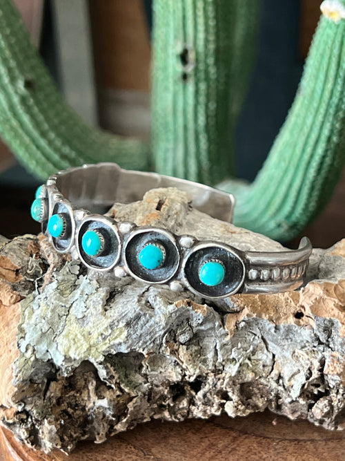 Vintage Zuni Sterling Silver and Round Turquoise Panel Stacker Cuff Bracelet