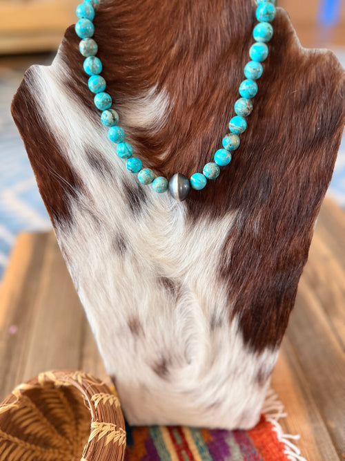 Handcrafted Turquoise & Sterling Silver Beaded 14” Necklace