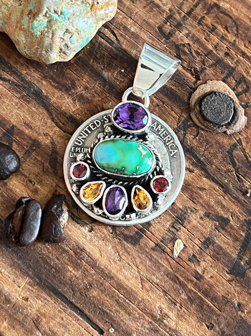 Navajo Made Sterling Silver Gems & Jewels Petite Cluster Pendant by Lucy Jake