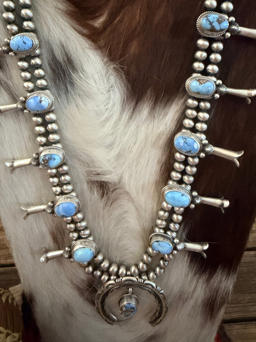 Handcrafted Golden Hills Turquoise & Sterling Silver Beaded Squash Blossom Necklace Set by Melvin Francis