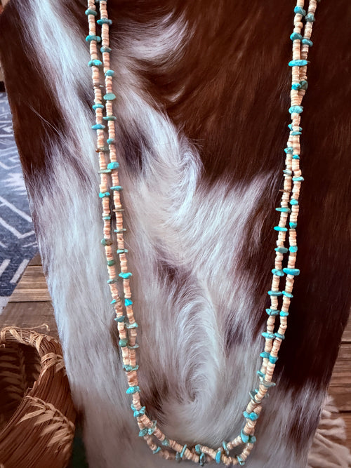 Old Pawn Handcrafted Turquoise & Heishi Shell Beaded 28” Necklace
