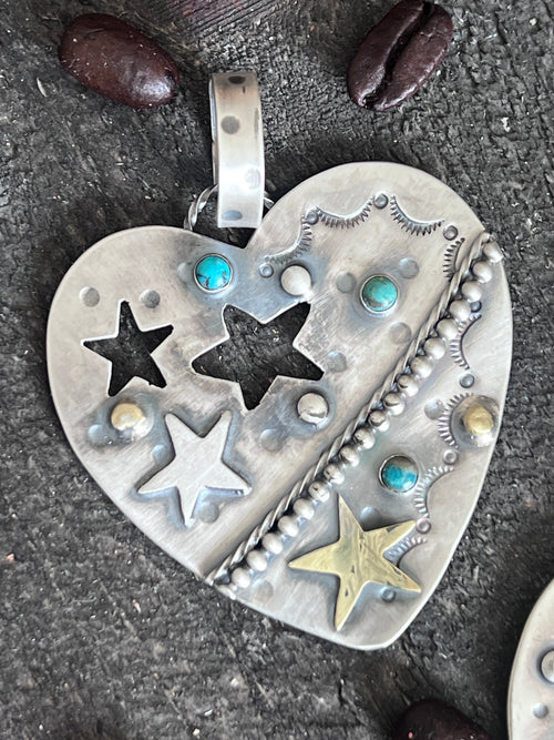 Hand Stamped Sterling Silver & Turquoise Heart Pendants w/ Brass Accents by Kimari Somers