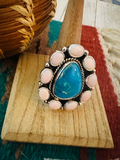 Navajo Sterling Silver, Queen Pink Conch & Turquoise Cluster Adjustable Ring