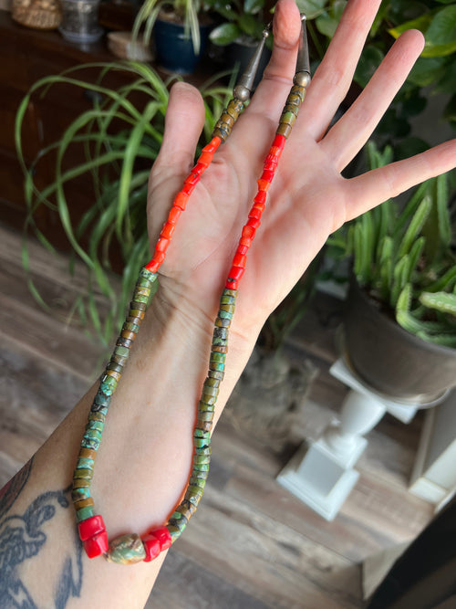 Navajo Hubei Turquoise Beaded Necklace with Sterling Silver and Bamboo Coral by Kirby Smith: 13 To Choose From!