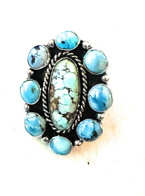 Navajo Sterling Silver & Golden Hills Turquoise Cluster Adjustable Ring