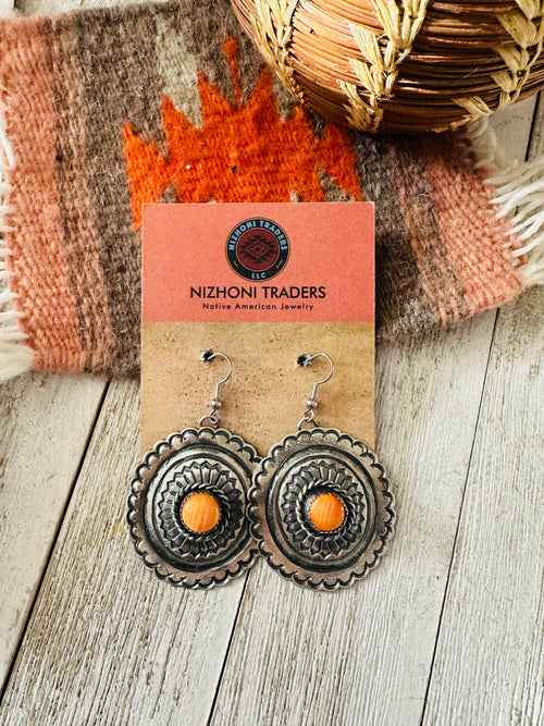 Navajo Orange Spiny and Sterling Silver Concho Dangle Earrings