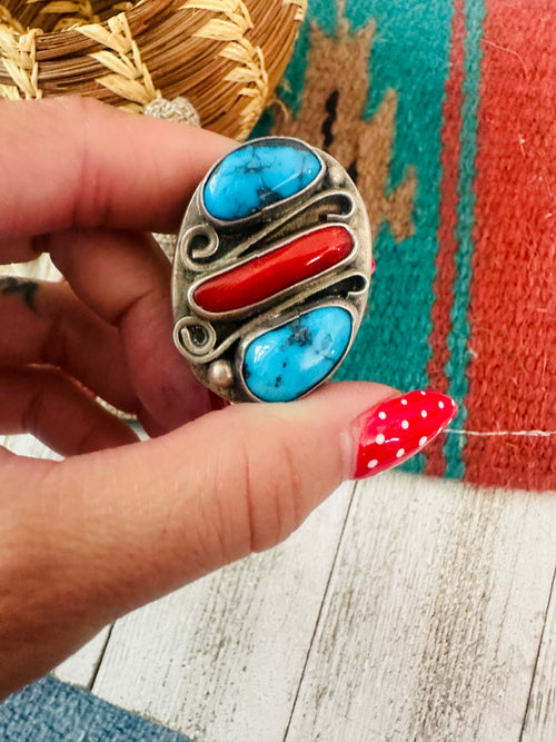Old Pawn Navajo Sterling Silver, Turquoise & Coral Ring Size 11