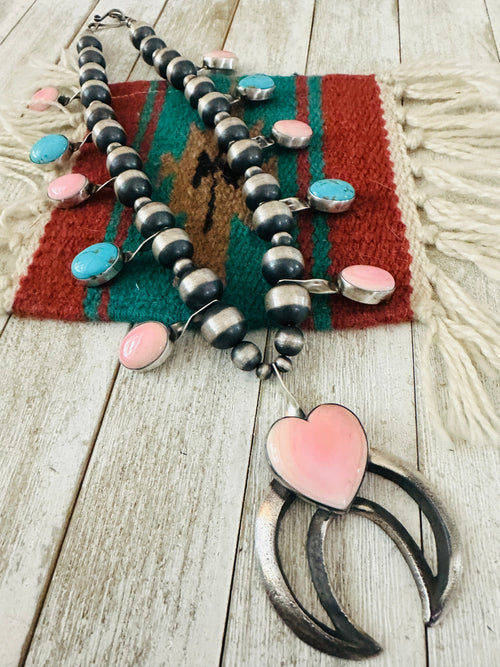 Navajo Queen Pink Conch, Turquoise & Sterling Silver Beaded Squash Blossom Necklace by Chimney Butte
