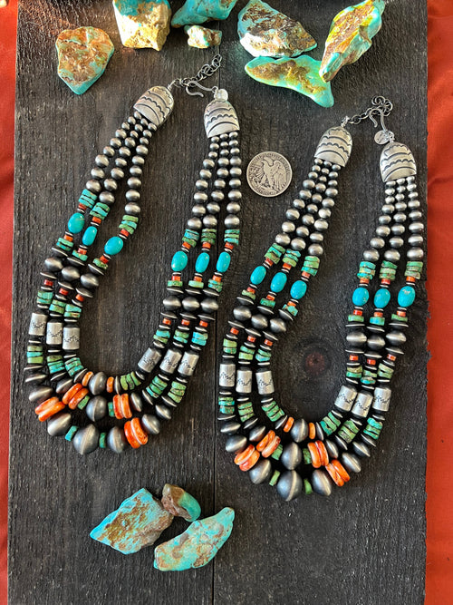 Navajo Handmade Triple Strand Sterling Silver, Spiny Oyster and Sonoran Mountain Bead Necklace by Rose Martin