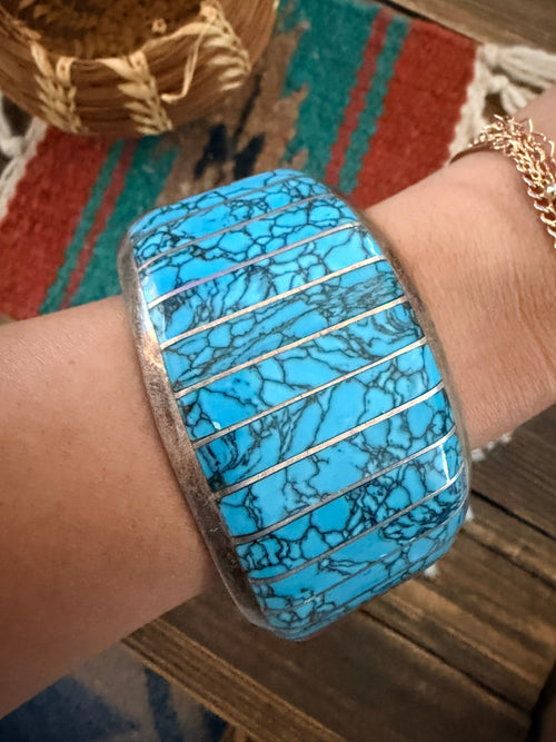 Handcrafted Old Pawn Sterling Silver, Turquoise & Spiny Oyster Inlay Cuff Bracelet