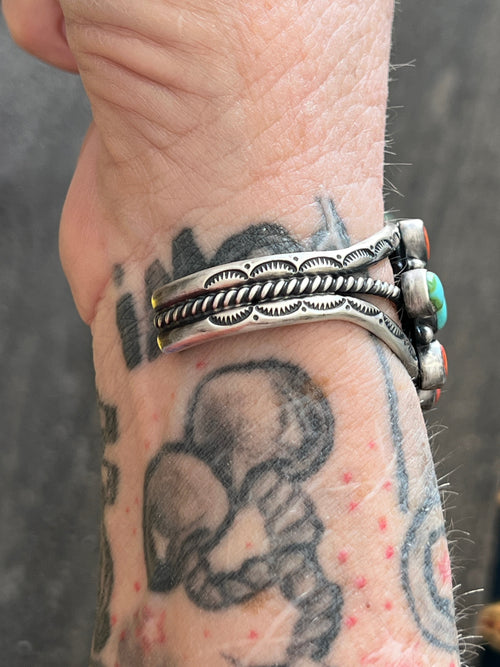 Navajo Hand Stamped Sterling Silver, Sonoran Turquoise and Spiny Oyster Shell Cluster Cuff Bracelet by Diane Wylie
