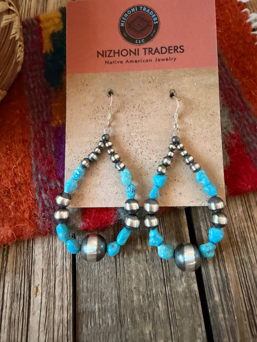 Handcrafted Turquoise & Sterling Silver Pearl Beaded Dangle Hoop Earrings