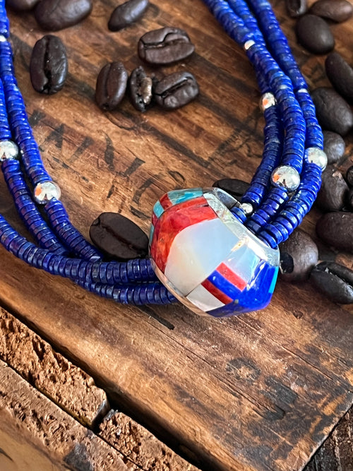 Daniel Coriz Triple Strand Lapis Beaded Necklace w/ Removable Sterling Silver & Stone Inlay Bead