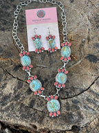 Handcrafted Sterling Kingman Turquoise Natural Red Coral Necklace Set Taos Collection