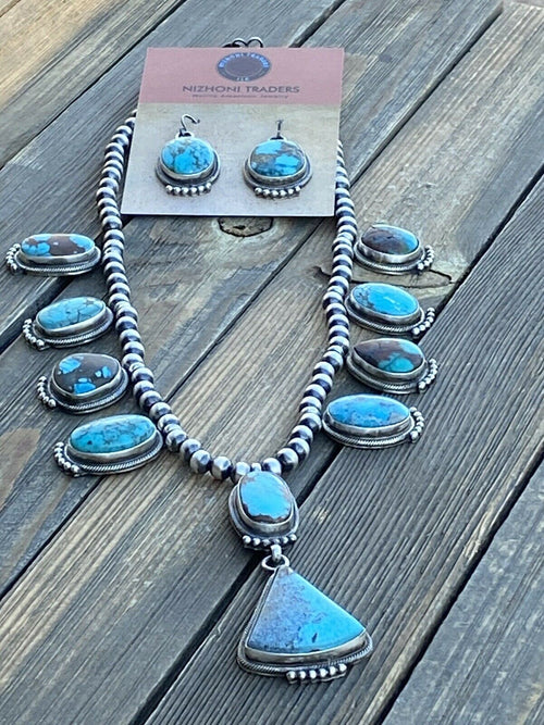 Handcrafted Sterling Silver Royston Turquoise Beaded Necklace & Earring Set