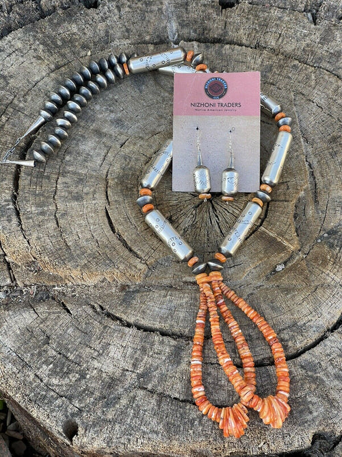 Handcrafted Sterling Silver Handmade Orange Spiny Jacla Necklace & Earring Set
