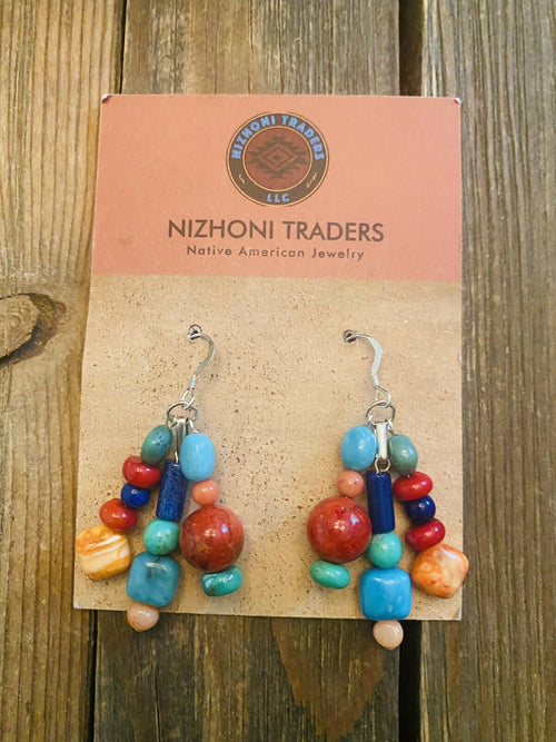 Navajo Sterling Silver Multi Stone Beaded Dangle Earrings