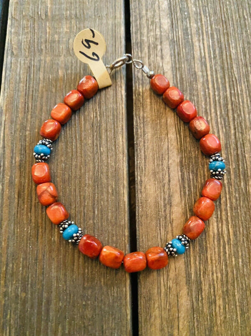 Navajo Coral, Turquoise & Sterling Silver Beaded Bracelet