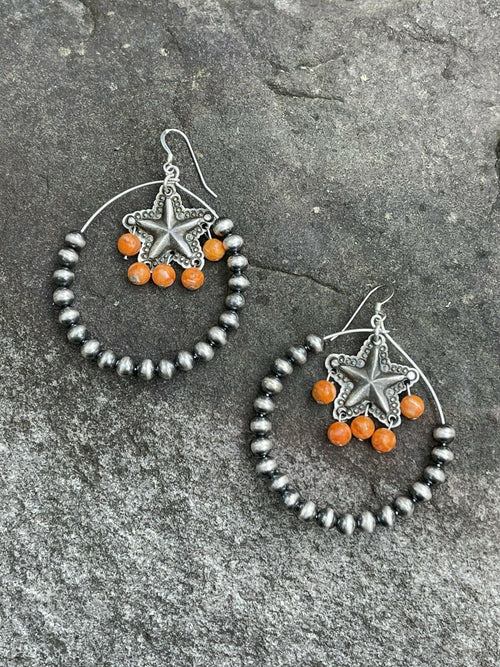 Navajo Sterling Silver Bead Orange Spiny Texas Hoop Earrings