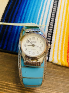 Vintage Navajo Turquoise & Sterling Silver Inlay Watch Cuff Signed