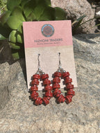 Navajo Sterling Silver Double Bead Apple Coral Dangle Hoop Earrings