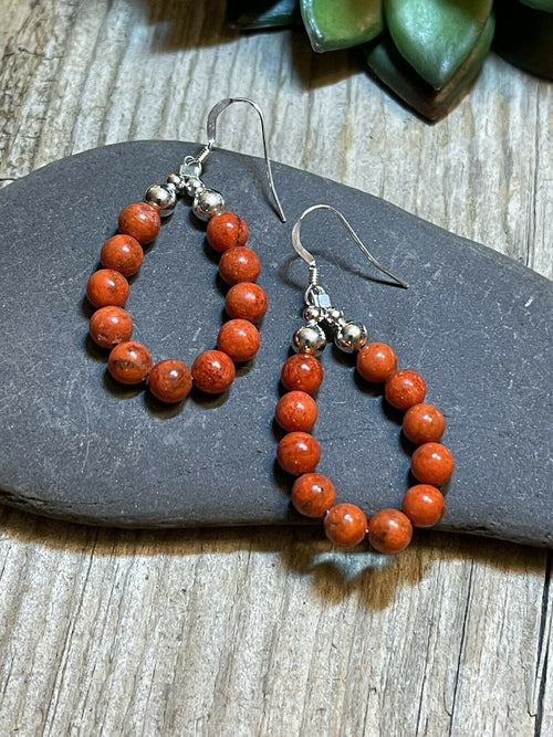 Navajo Sterling Silver Apple Coral 11 Beaded Dangle Earrings