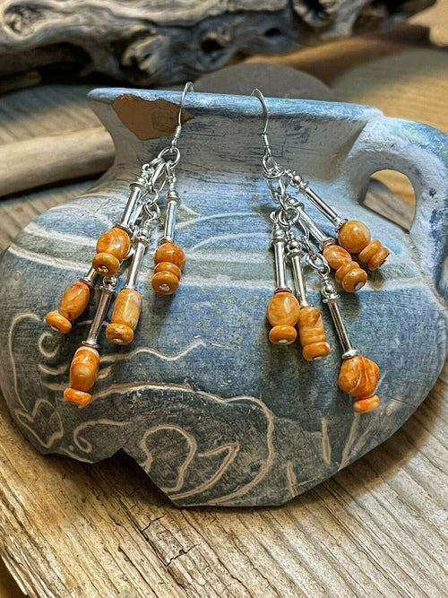 Navajo 5 Strand Orange Spiny Shell & Sterling Silver Dangle Earrings