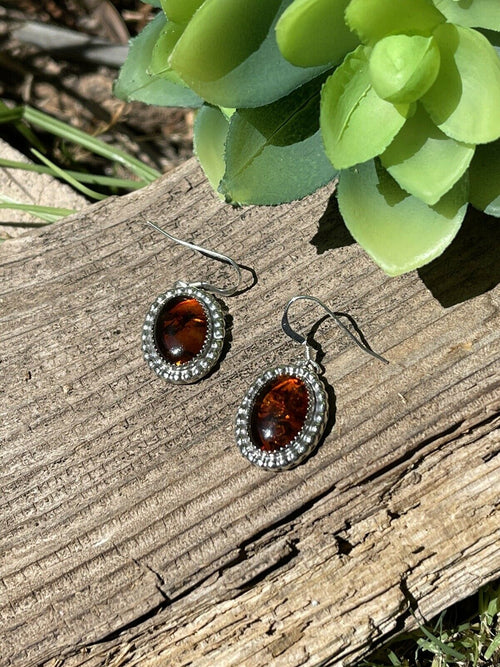 Navajo Sterling Silver and Bead Dot Style Amber Dangle Earrings