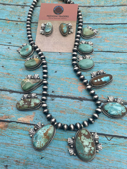 Stunning Handcrafted Sterling Silver Royston Turquoise Beaded Necklace & Earring Set by Bobby Johnson