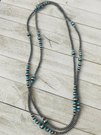 Navajo Turquoise & Sterling Silver Pearl Beaded 60 Inch Necklace