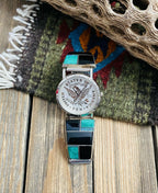 Old Pawn Vintage Navajo Onyx, Malachite, Opal & Sterling Silver Inlay Watch
