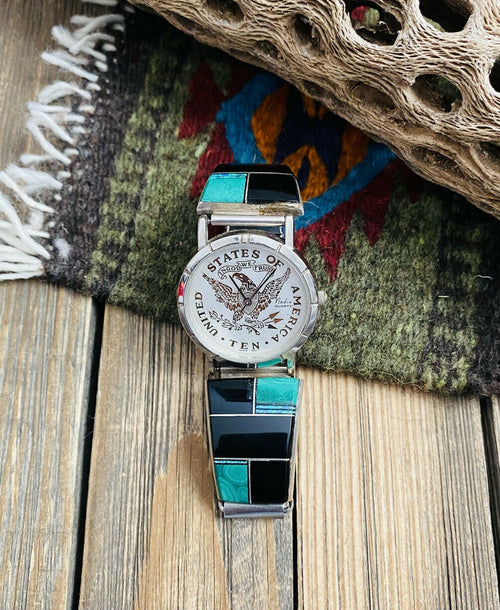 Old Pawn Vintage Navajo Onyx, Malachite, Opal & Sterling Silver Inlay Watch