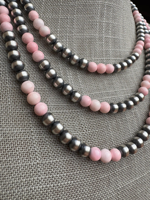 Handcrafted  Sterling Silver Pearl & Queen Pink Conch Beaded Necklace 6mm