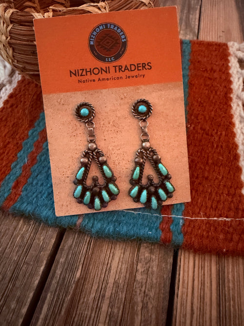 Old Pawn Handcrafted Sterling Silver & Turquoise Needlepoint Dangle Earrings