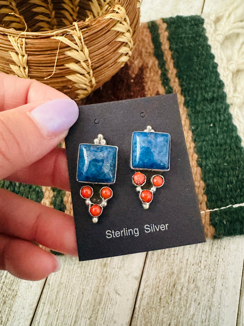 Old Pawn Navajo Sterling Silver, Lapis & Coral Dangle Earrings