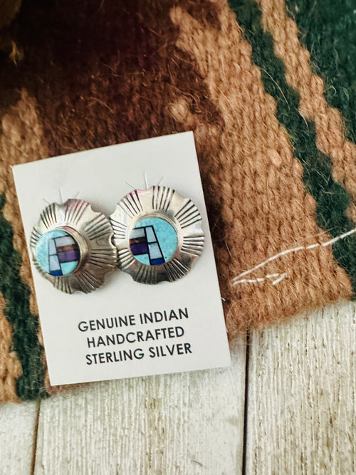 Old Pawn Navajo Sterling Silver & Multi Stone Inlay Post Earrings by Gary Arviso