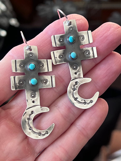 Hand Stamped Sterling Silver Dragonfly Cross Crescent Moon Dangle Earrings with Kingman Turquoise by Kimari Somers, Squared Bars