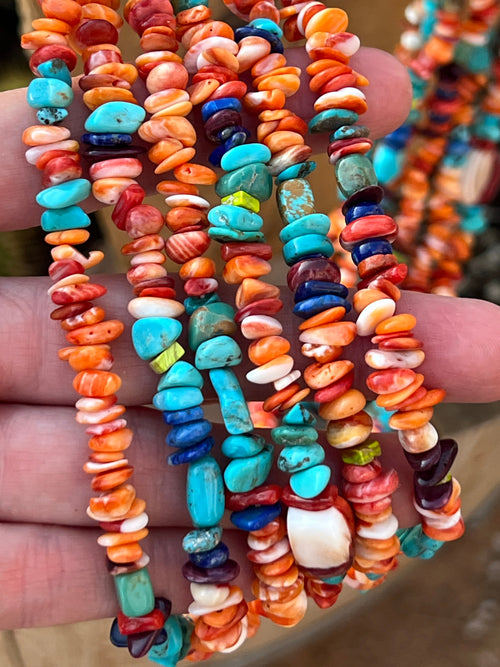 Gorgeous Navajo Made Six Strand Spiny Oyster and Turquoise Beaded Squaw Wrap Necklace, No Tabs